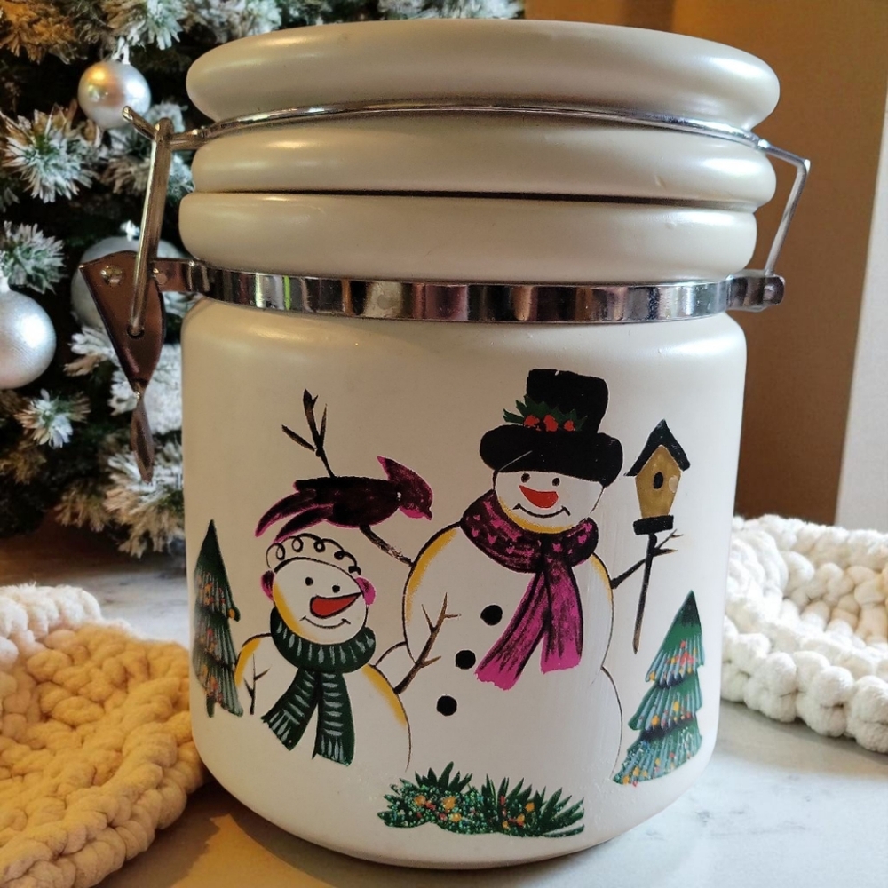 Vtg Mr Mrs Snowman Birdhouse Cardinal Sealing Airtight Canister Apothacary Jar